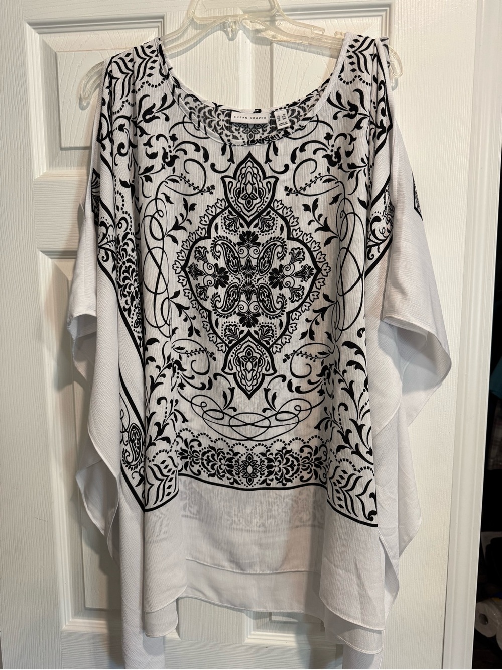 White and Black Printed Boho Cold Shoulder Top